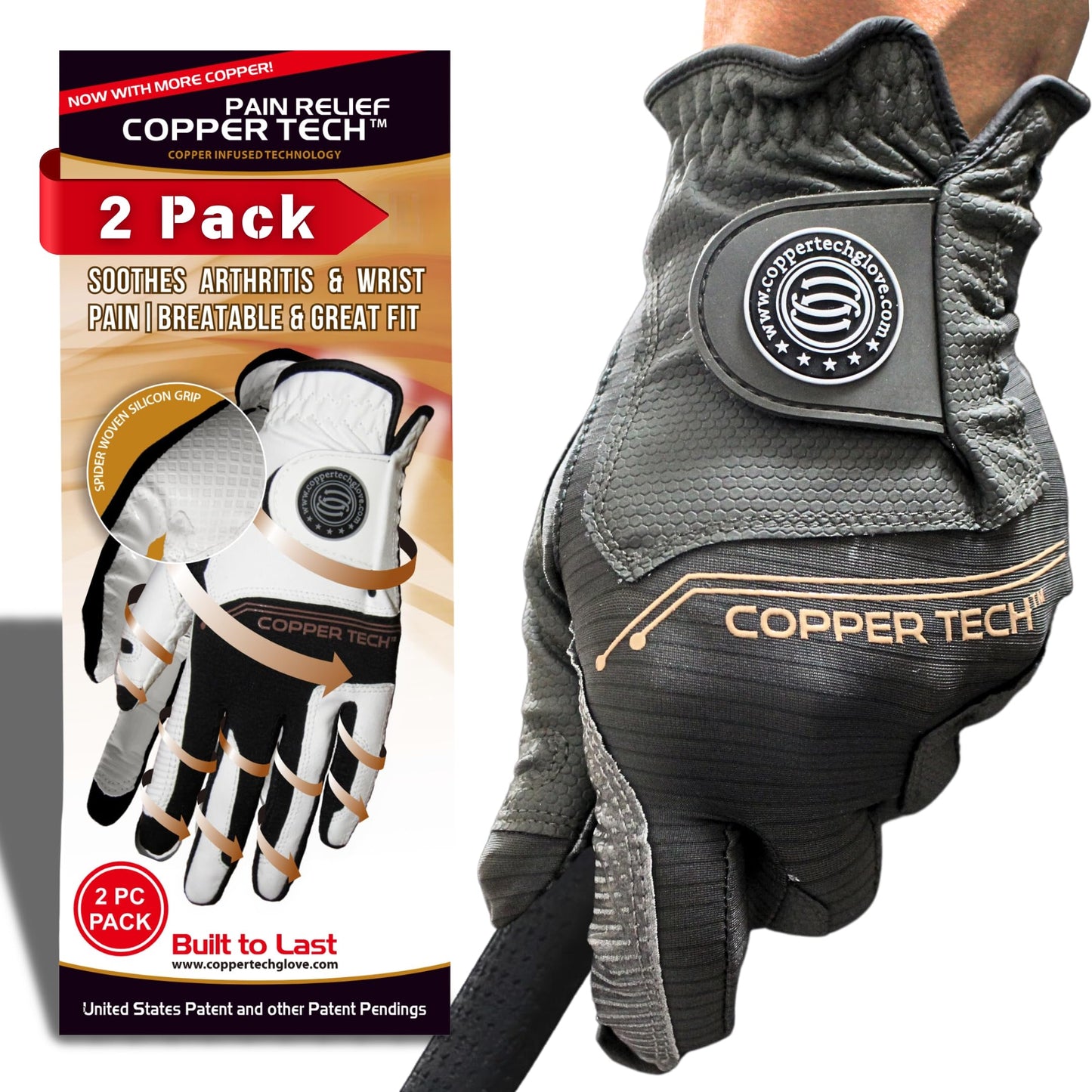 Copper Tech Men’s Golf Gloves (2 Packs) - Joint Support for Golfers with Copper Compression - 100% AAA Synthetic Leather - Built for Comfort & Joint- Friendly - Golf Gloves Men Left Hand (X-Large)
